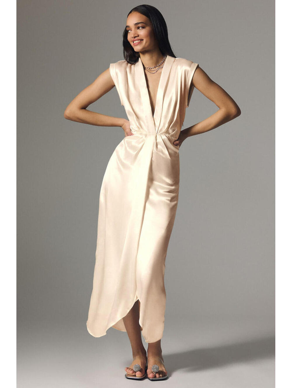 Anthropologie Off-White Sleeveless V-Neck Twist-Front Satin Dress - Size 4